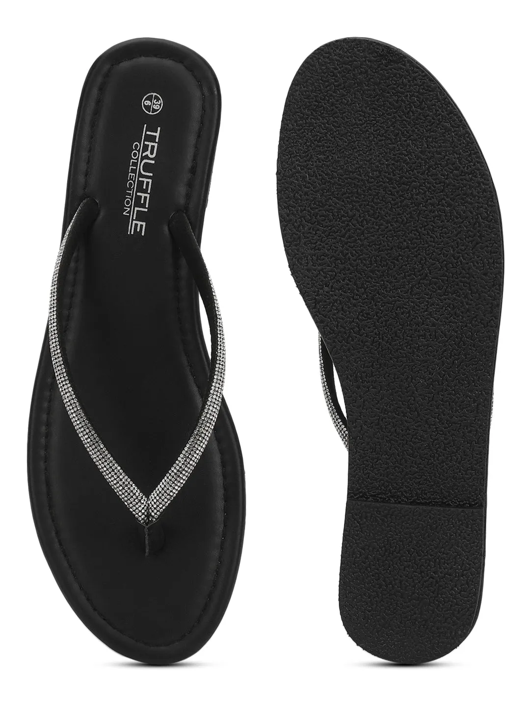 Black PU Diamanté T-Strap Flats (TC-100507-BLK)