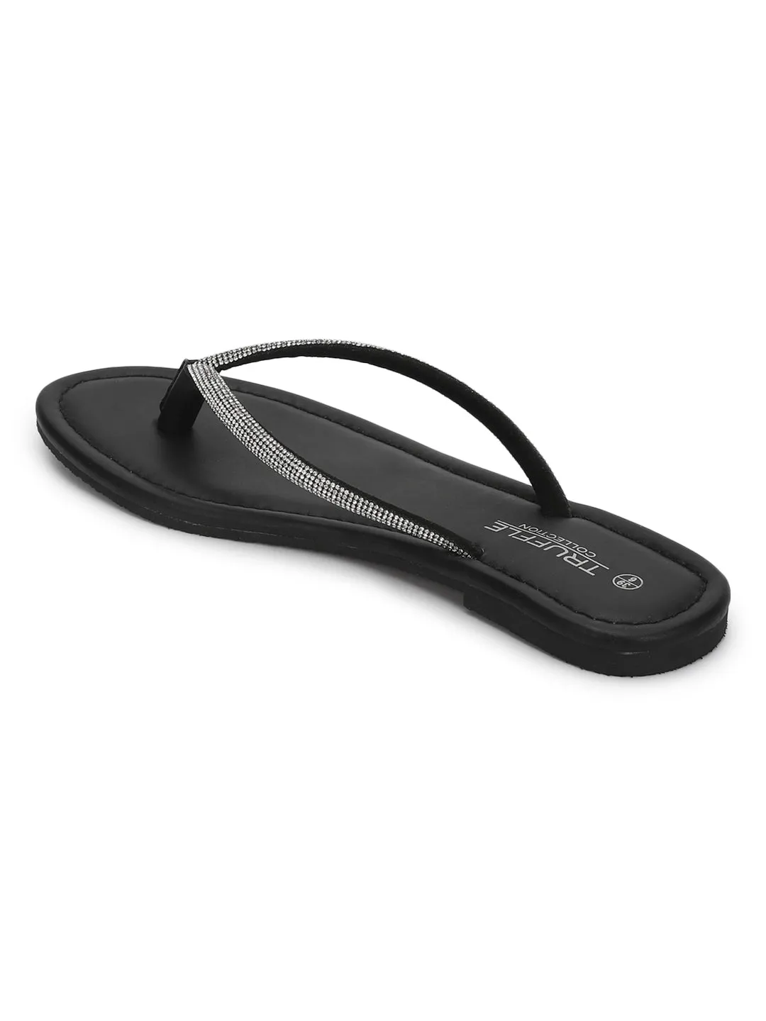 Black PU Diamanté T-Strap Flats (TC-100507-BLK)