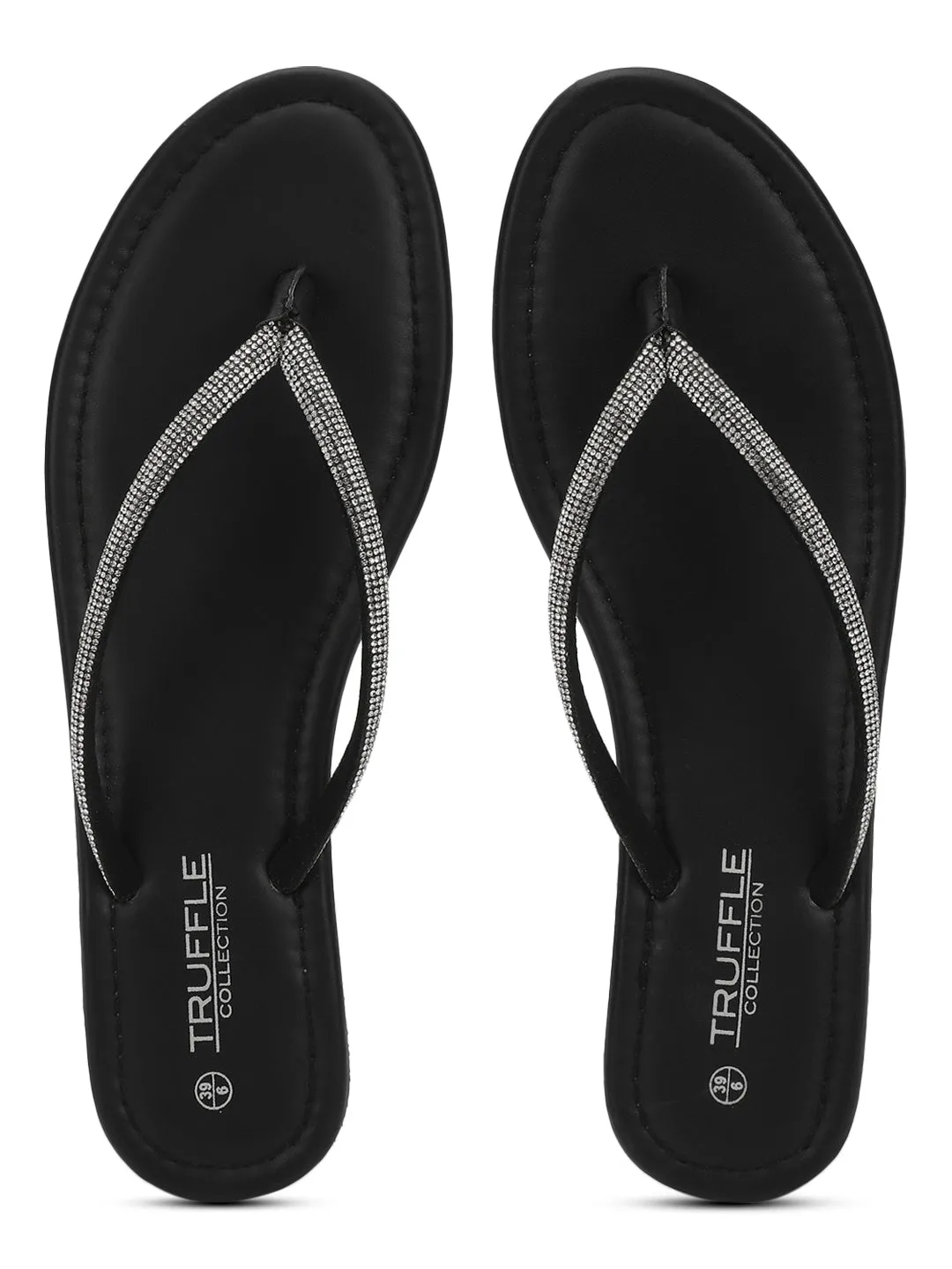 Black PU Diamanté T-Strap Flats (TC-100507-BLK)