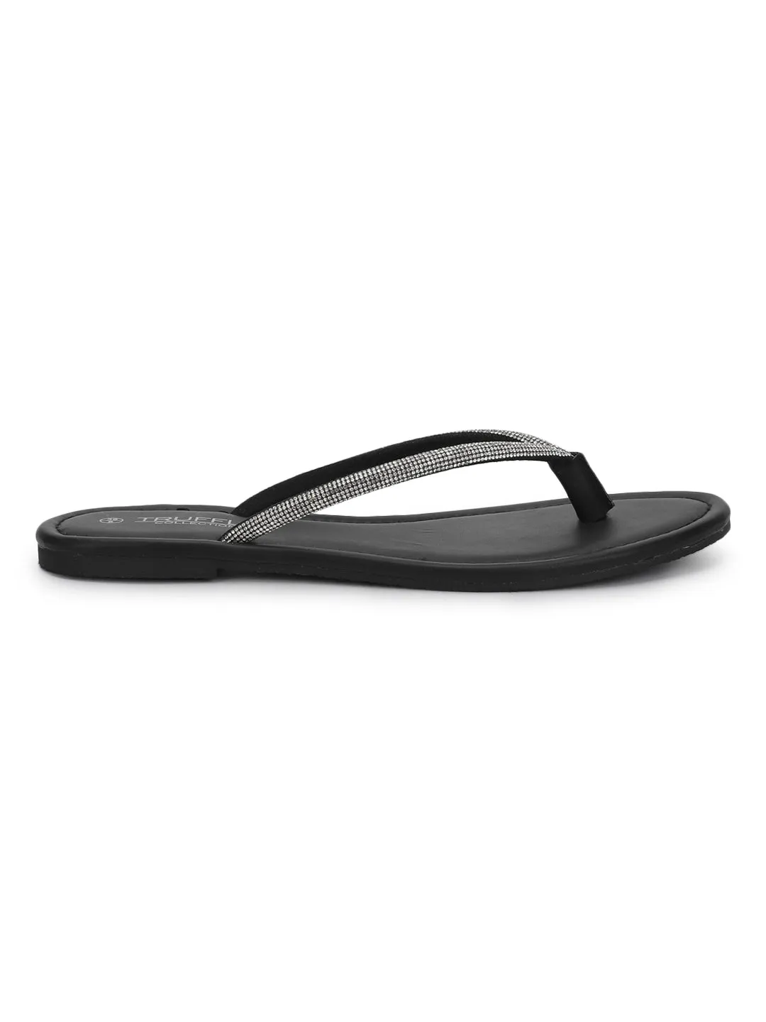Black PU Diamanté T-Strap Flats (TC-100507-BLK)