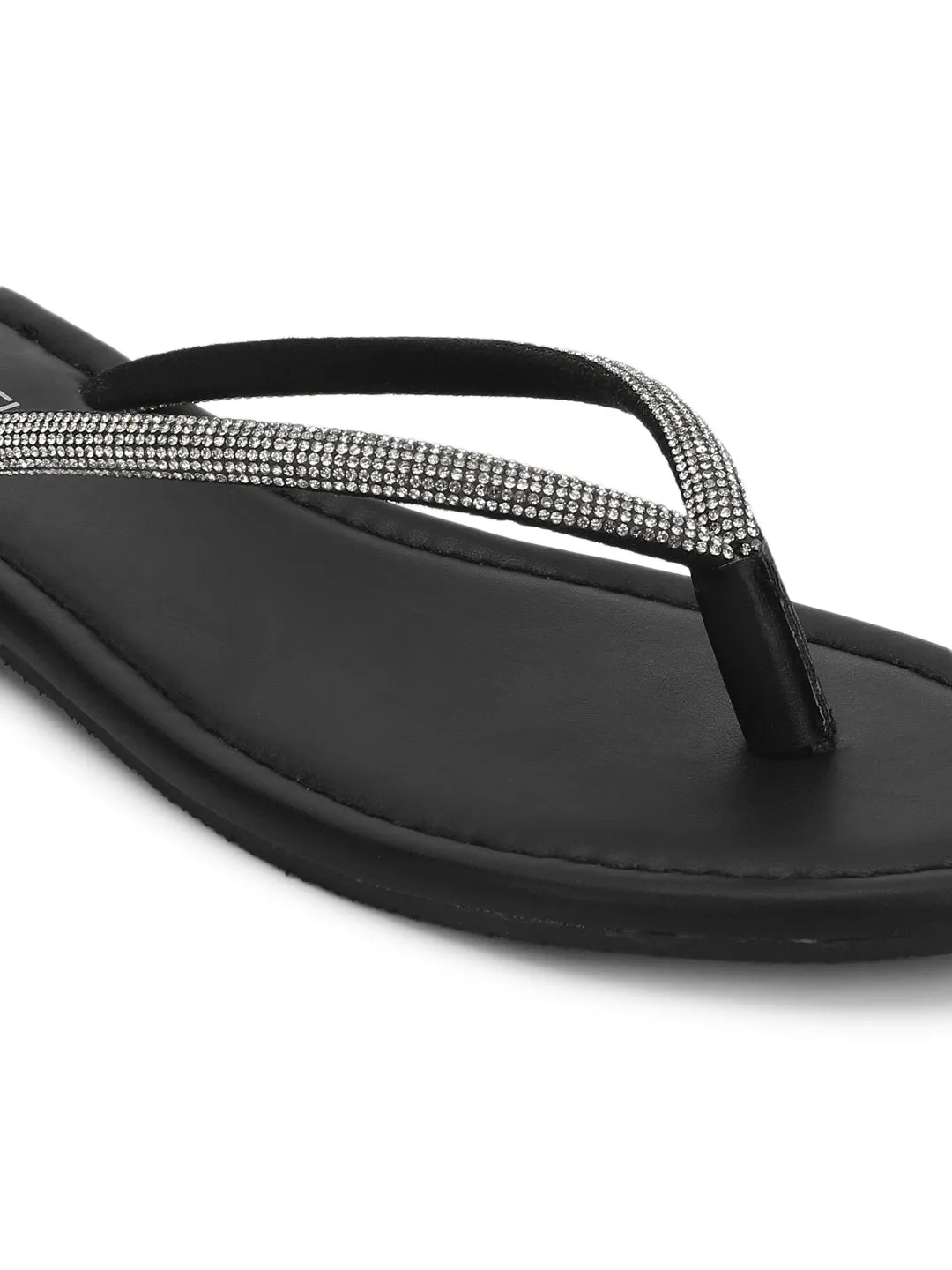 Black PU Diamanté T-Strap Flats (TC-100507-BLK)