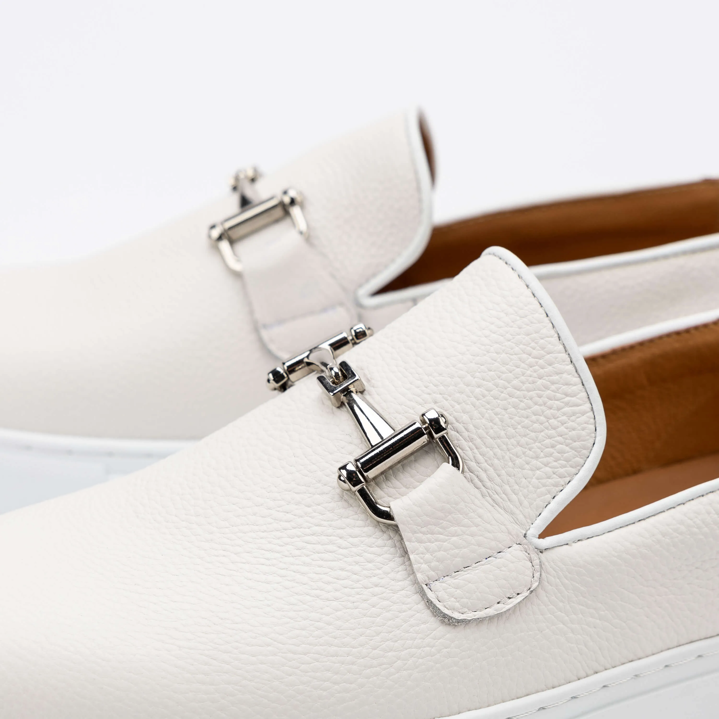 Boardwalk White Leather Horse-Bit Sneakers