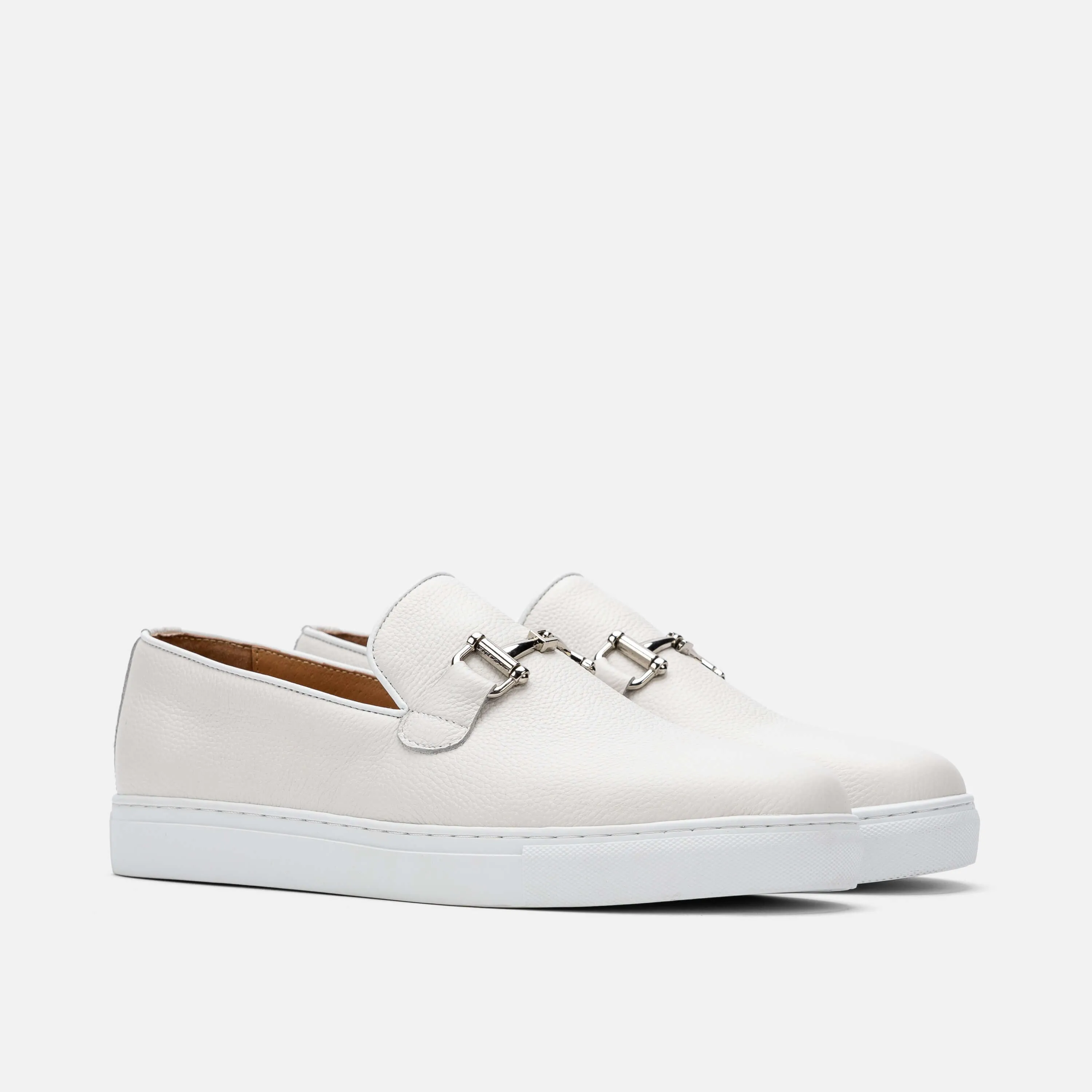 Boardwalk White Leather Horse-Bit Sneakers