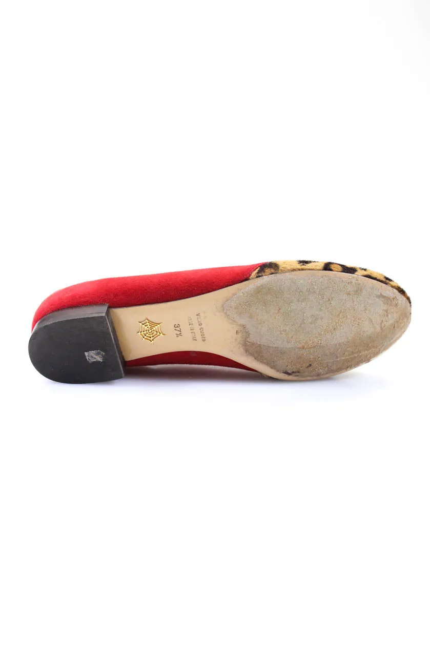Charlotte Olympia Womens Suede Leopard Print Ponyhair Cutout Flats Red