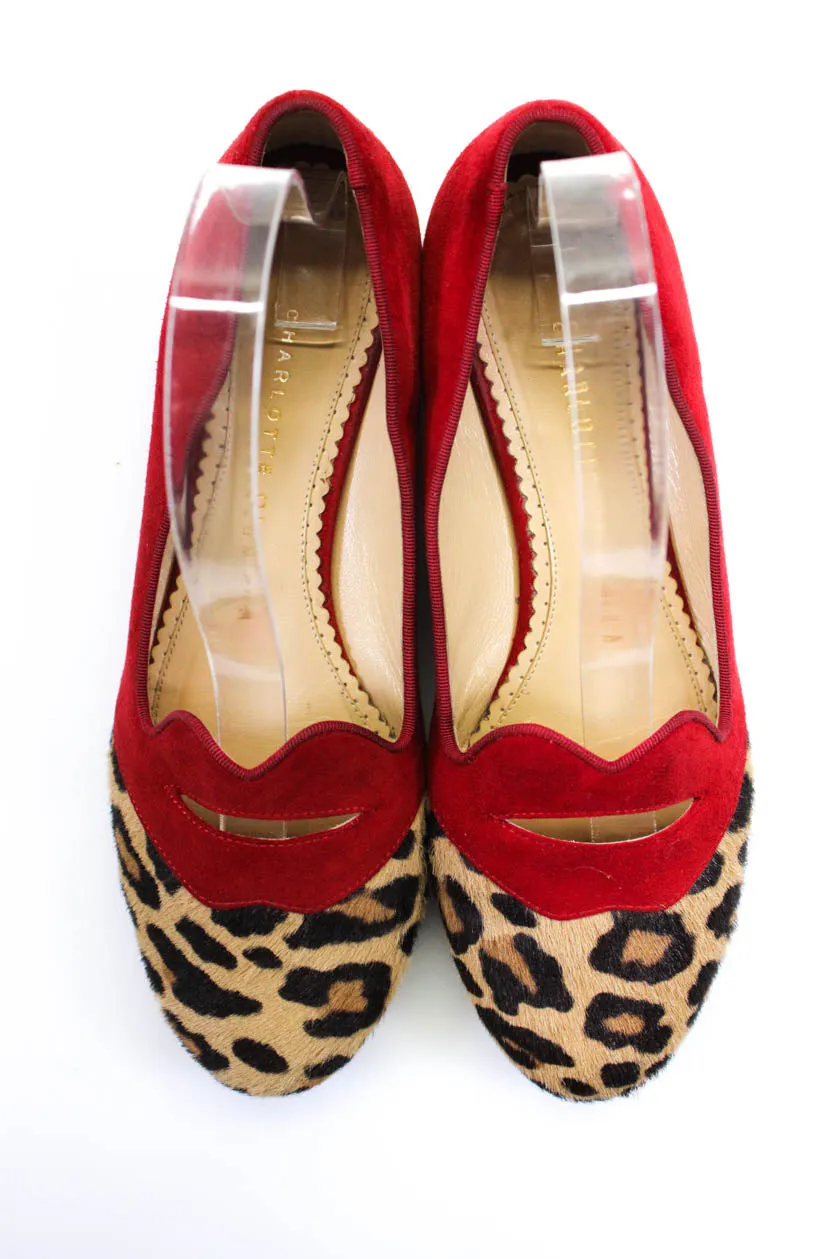 Charlotte Olympia Womens Suede Leopard Print Ponyhair Cutout Flats Red