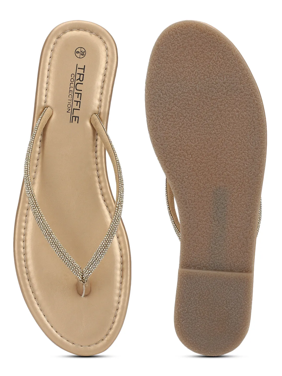 Pale Gold PU Diamanté T-Strap Flats (TC-100507-PGLD)