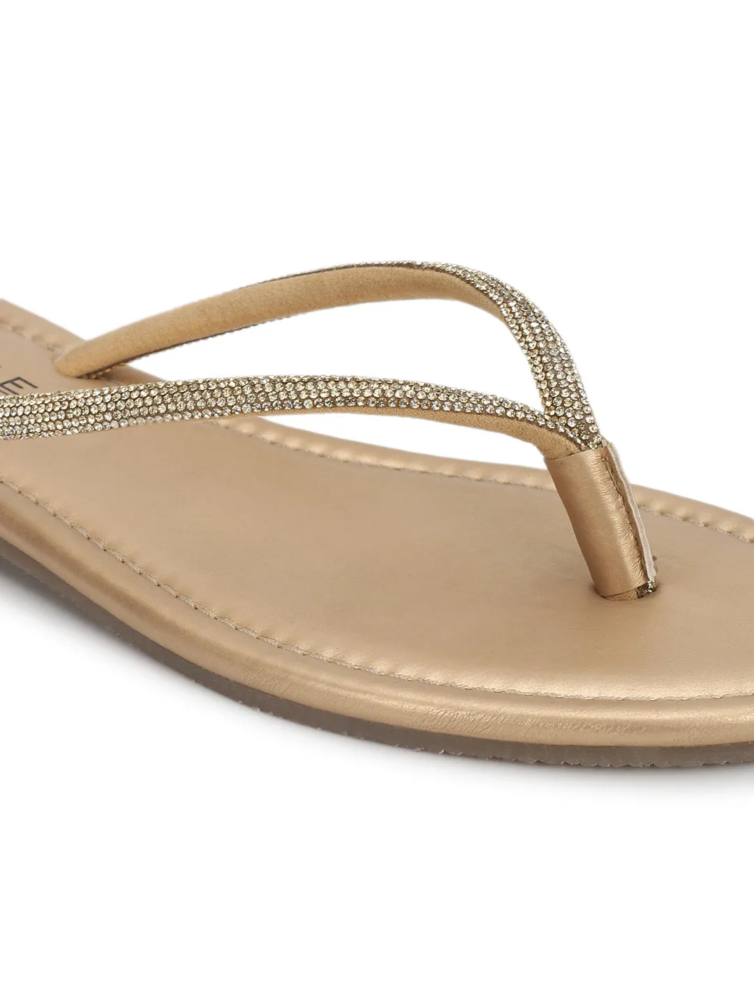 Pale Gold PU Diamanté T-Strap Flats (TC-100507-PGLD)