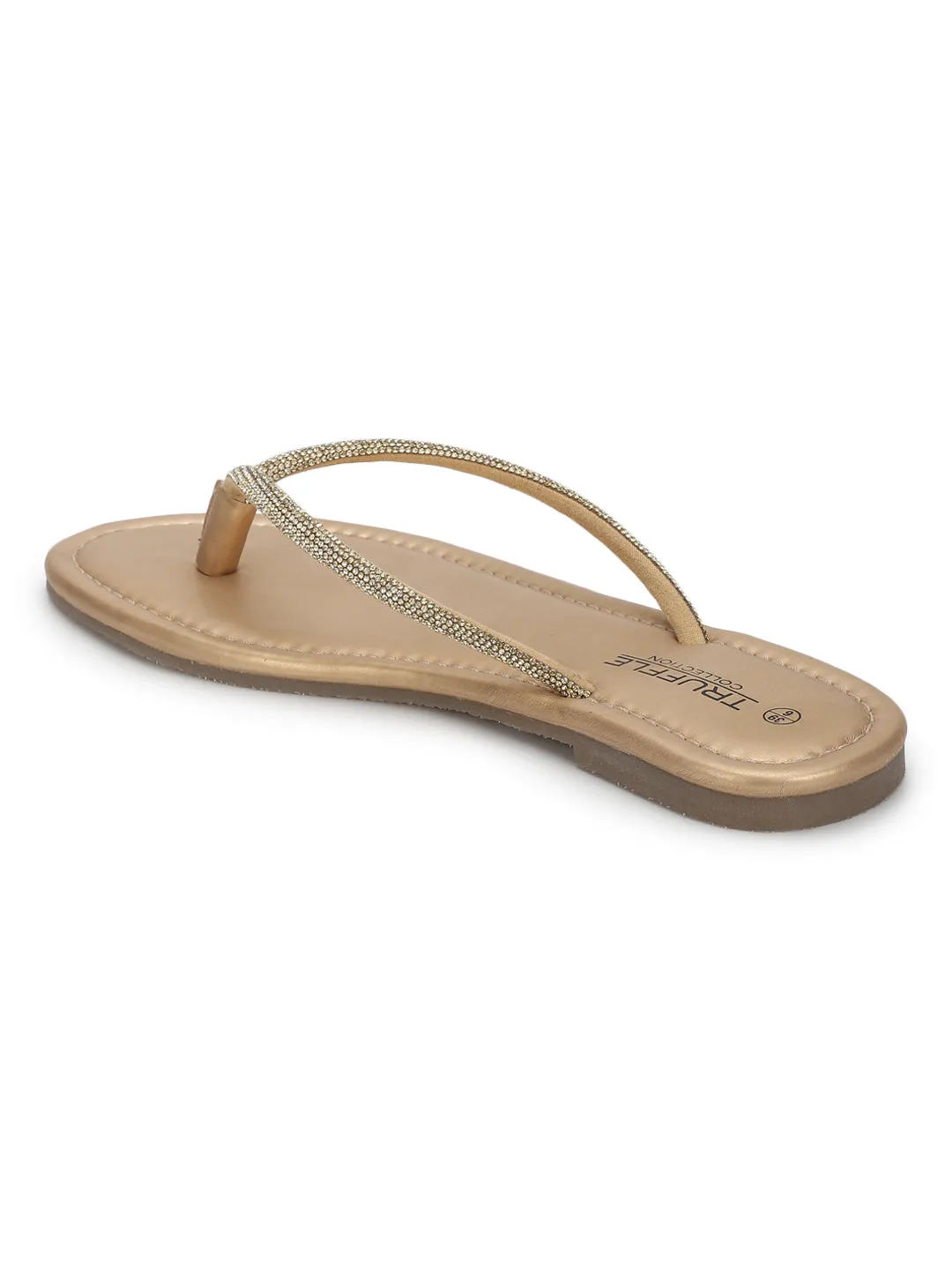 Pale Gold PU Diamanté T-Strap Flats (TC-100507-PGLD)