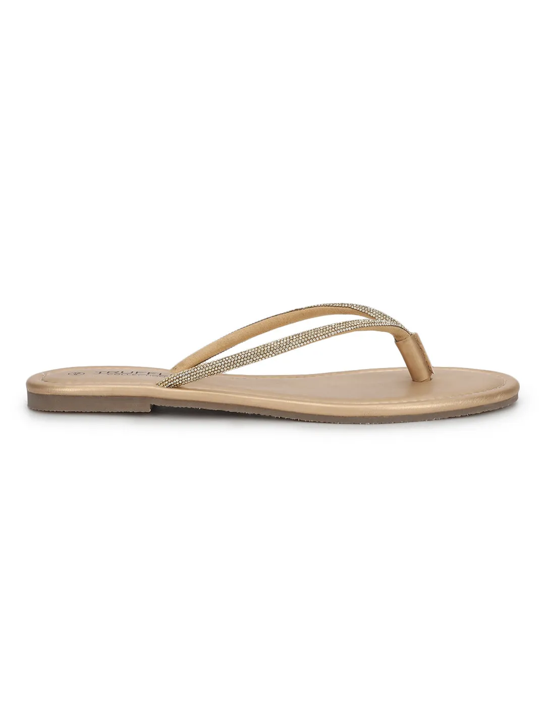 Pale Gold PU Diamanté T-Strap Flats (TC-100507-PGLD)