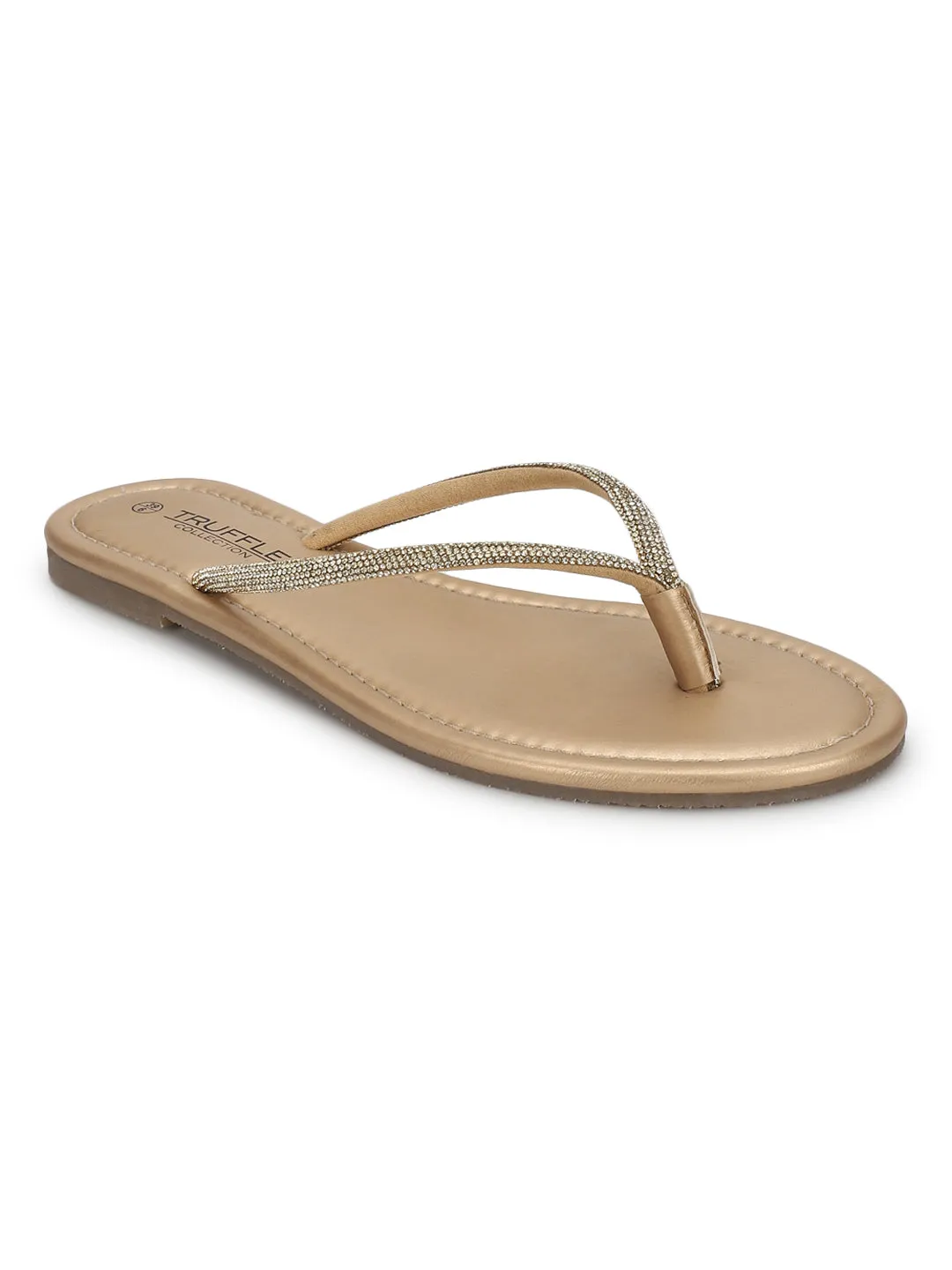 Pale Gold PU Diamanté T-Strap Flats (TC-100507-PGLD)