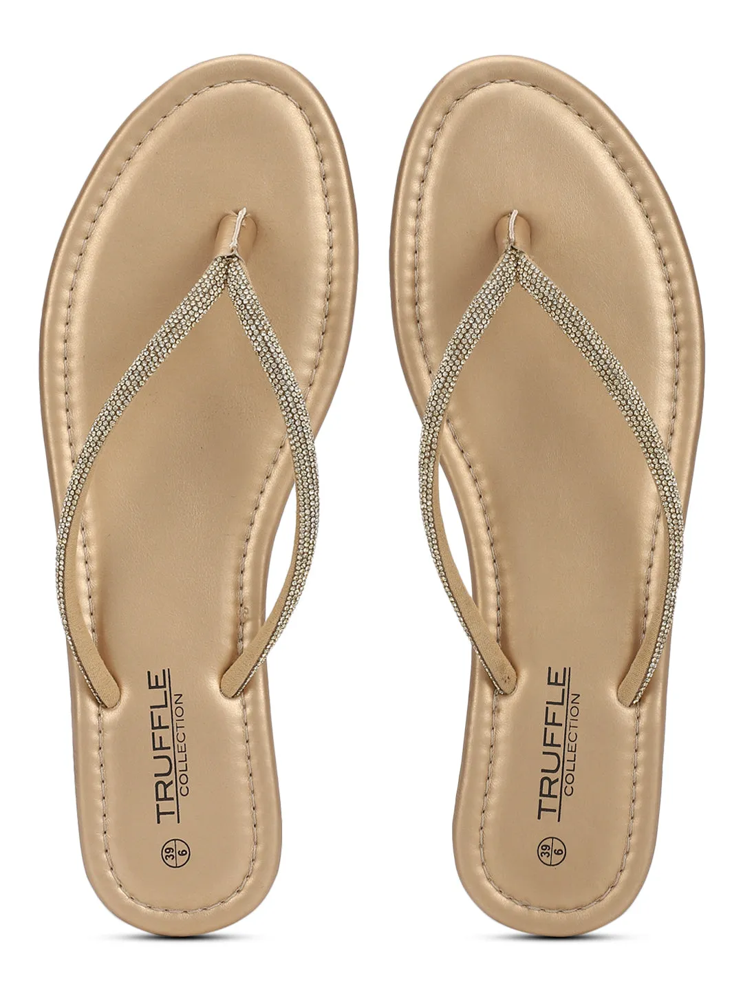 Pale Gold PU Diamanté T-Strap Flats (TC-100507-PGLD)