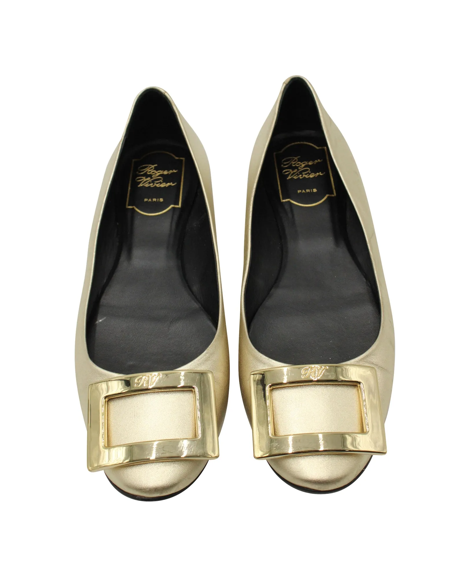 Roger Vivier Buckled Ballerinas in Gold Leather