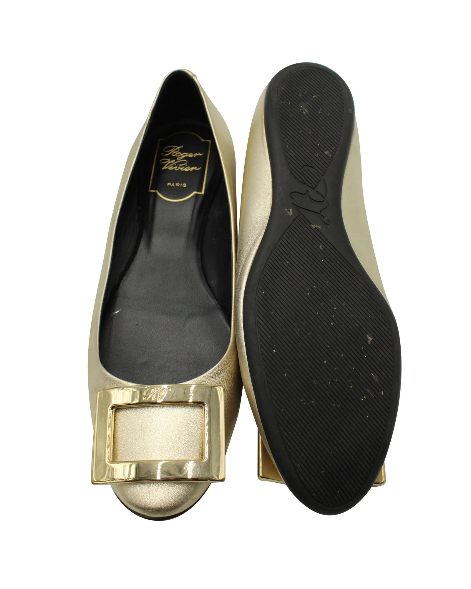 Roger Vivier Buckled Ballerinas in Gold Leather