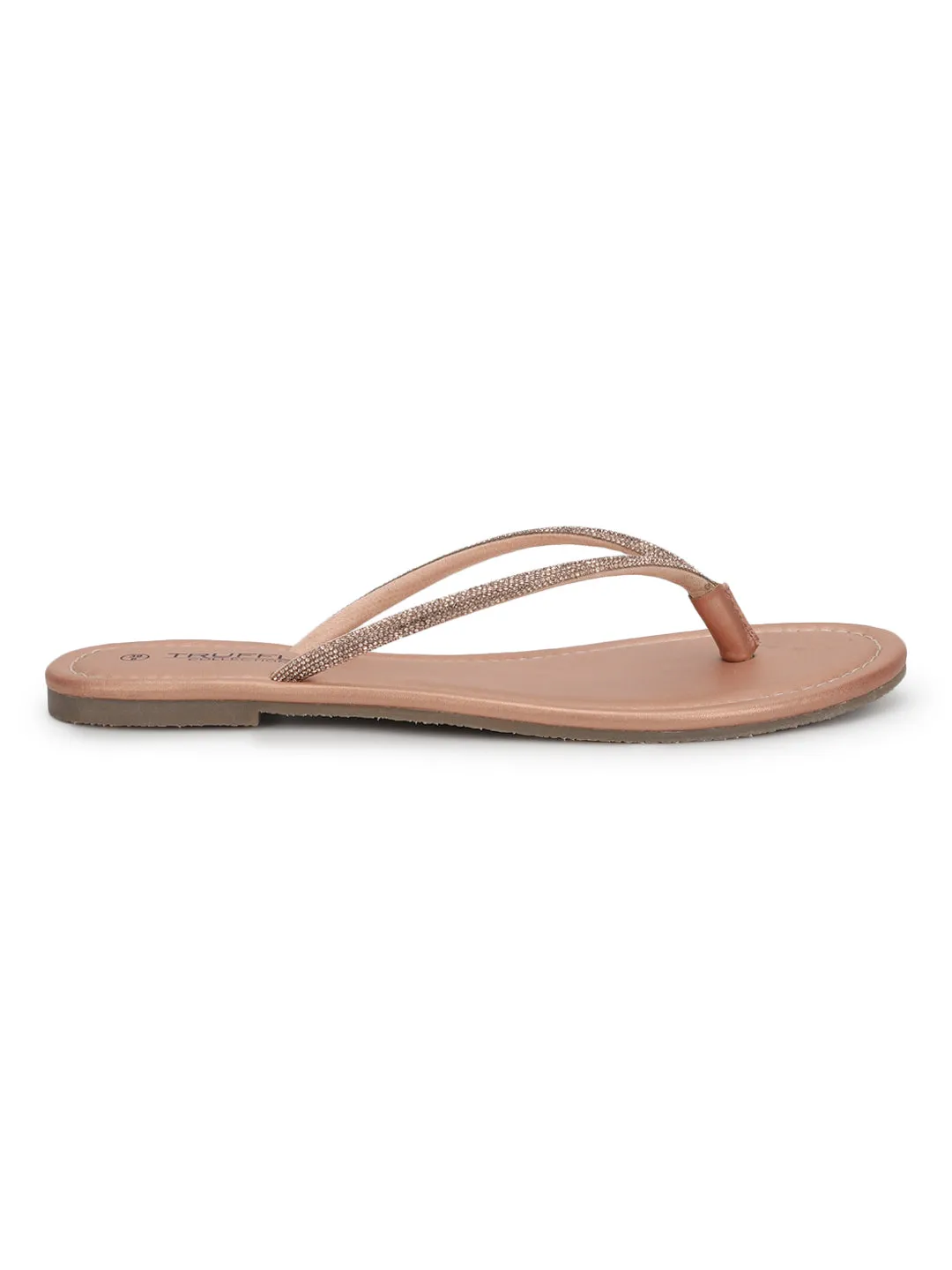Rose Gold PU Diamanté T-Strap Flats (TC-100507-RGLD)
