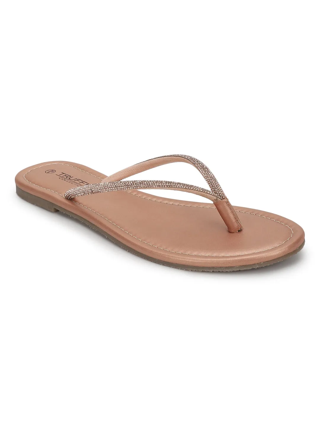 Rose Gold PU Diamanté T-Strap Flats (TC-100507-RGLD)