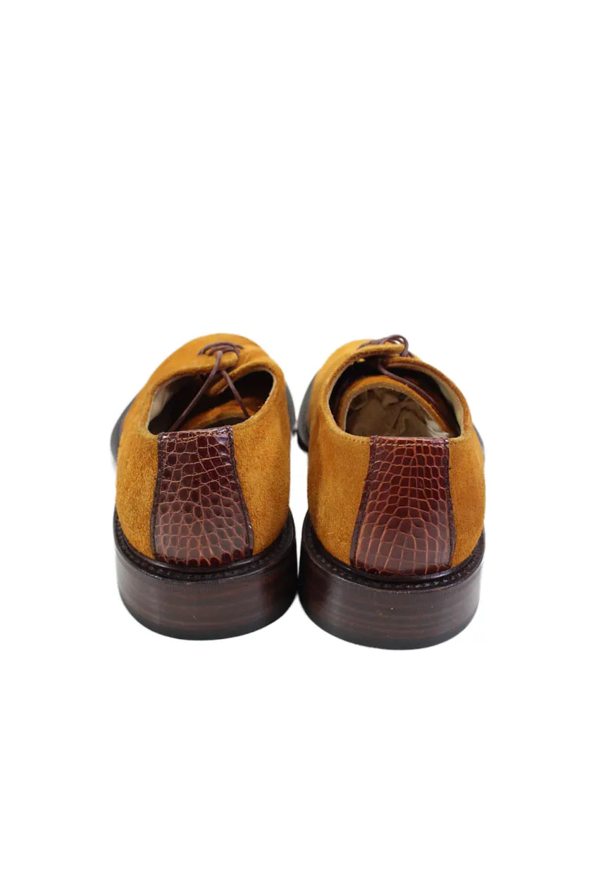 Tardini Mens Suede Alligator Skin Detail Oxford Dress Shoes Honey Brown