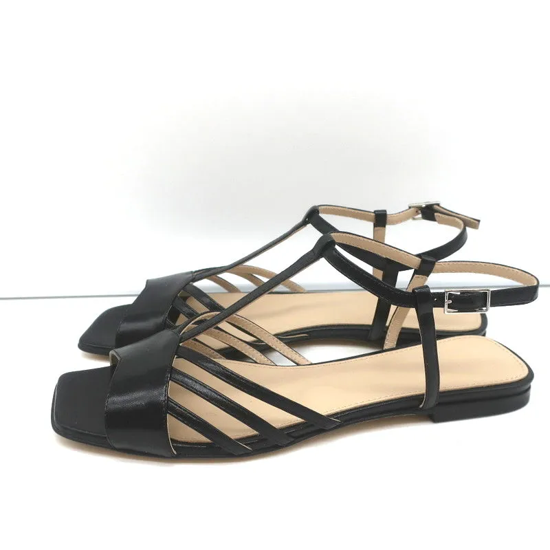 Theory V Strap Sandals Black Leather Size 38.5 Slingback Flats NEW