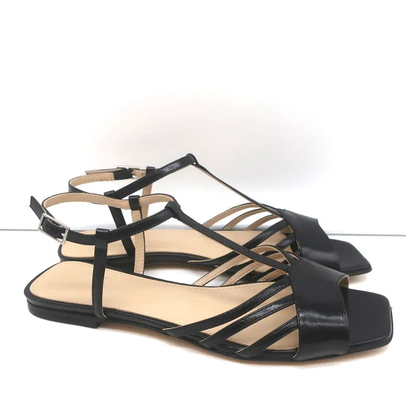 Theory V Strap Sandals Black Leather Size 38.5 Slingback Flats NEW