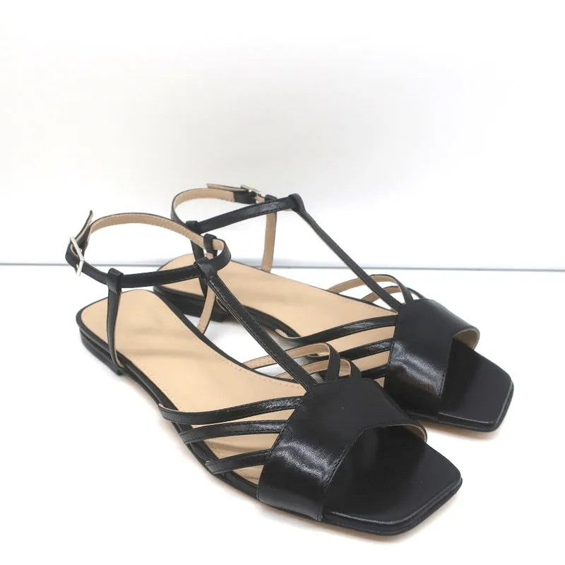 Theory V Strap Sandals Black Leather Size 38.5 Slingback Flats NEW