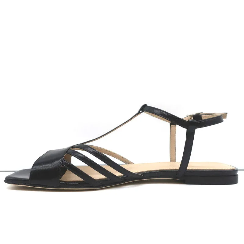 Theory V Strap Sandals Black Leather Size 38.5 Slingback Flats NEW