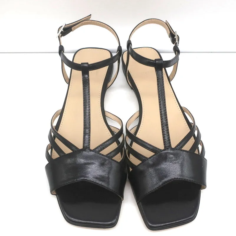 Theory V Strap Sandals Black Leather Size 38.5 Slingback Flats NEW